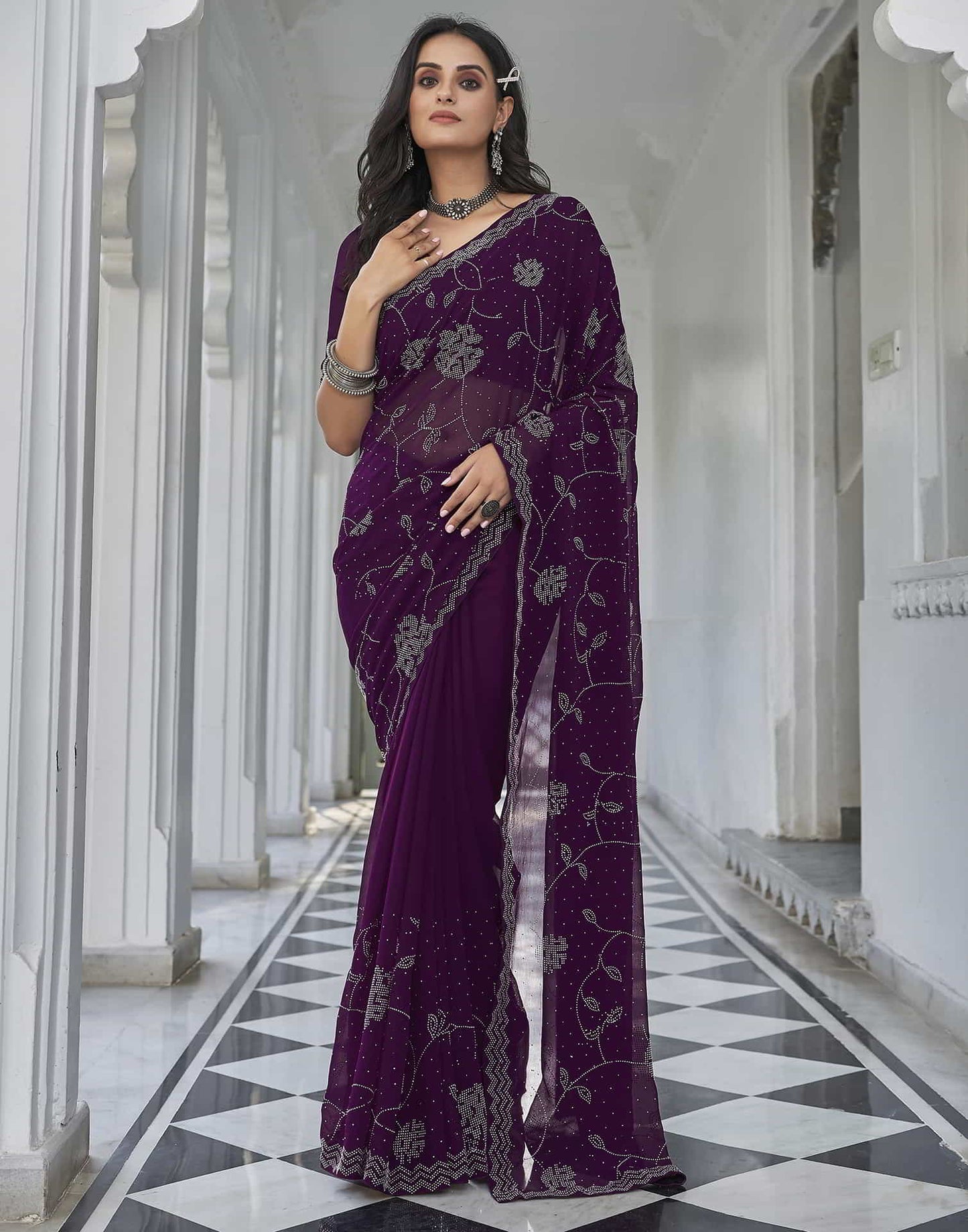 Purple Swarovski Georgette Stone Work Saree