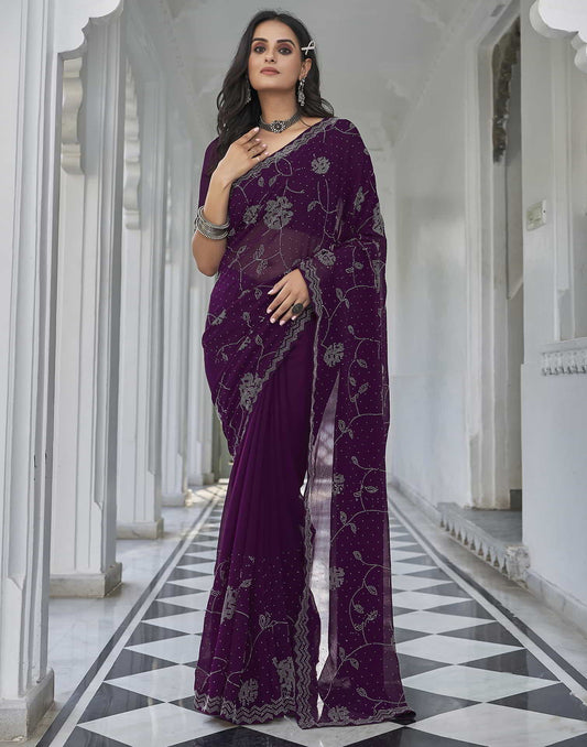 Purple Swarovski Georgette Stone Work Saree