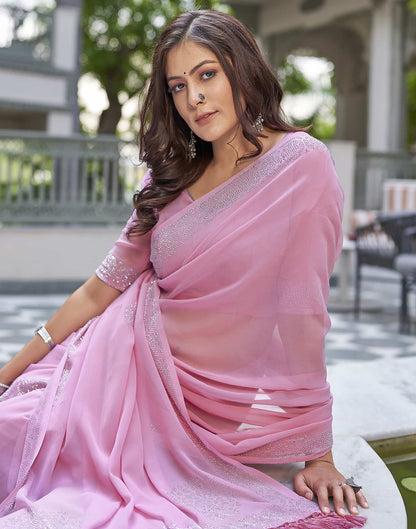 Pink Swarovski Georgette Stone Work Saree