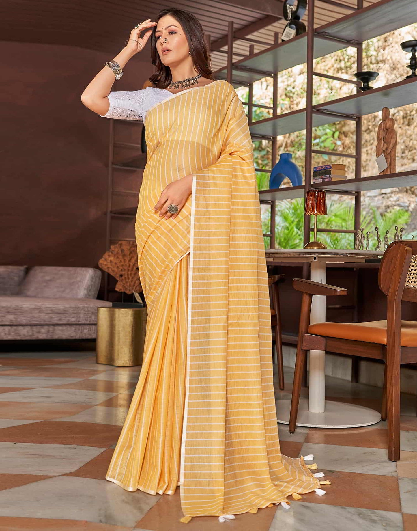 Yellow Leheriya Linen Woven Saree