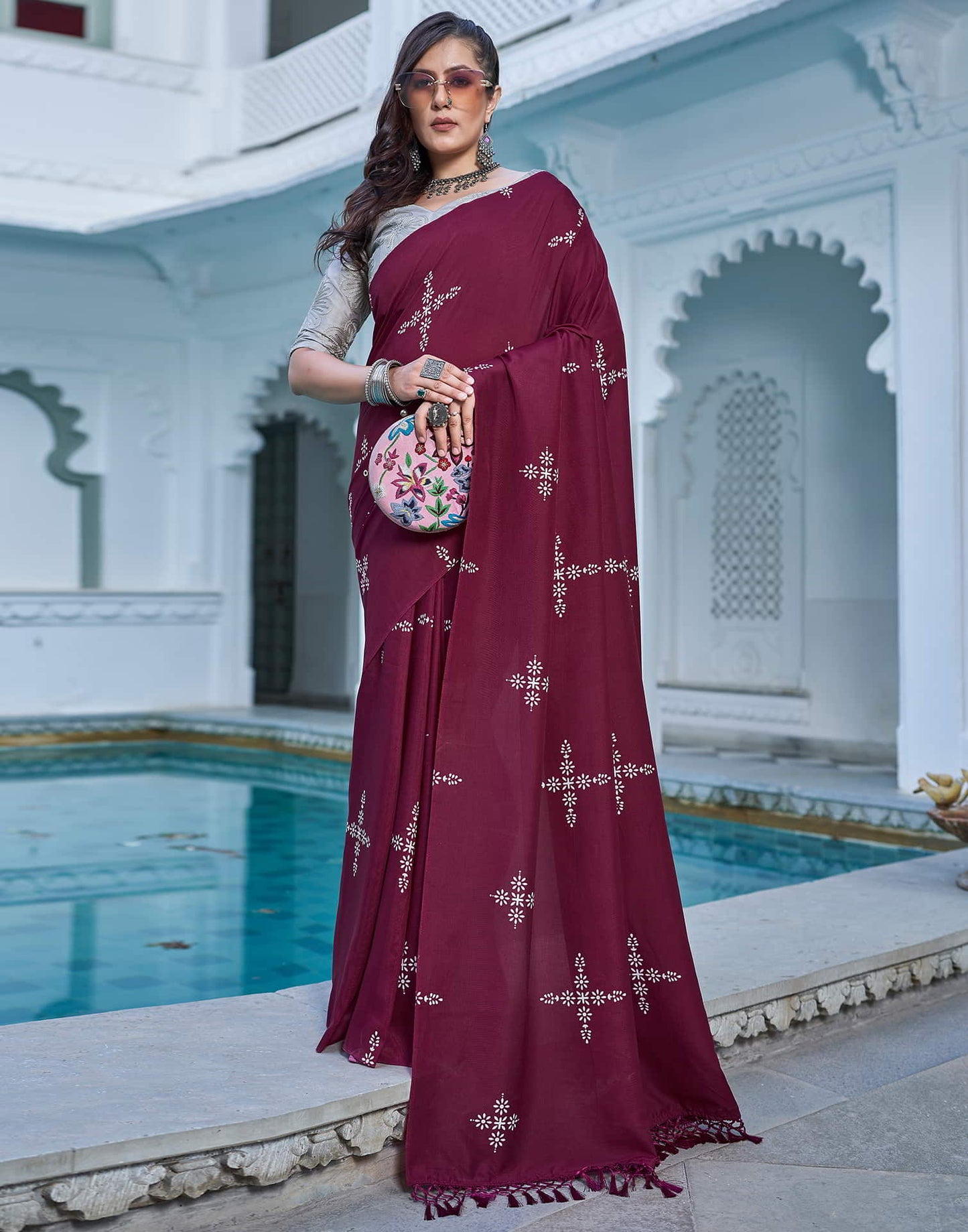 Wine Printed Cotton Saree