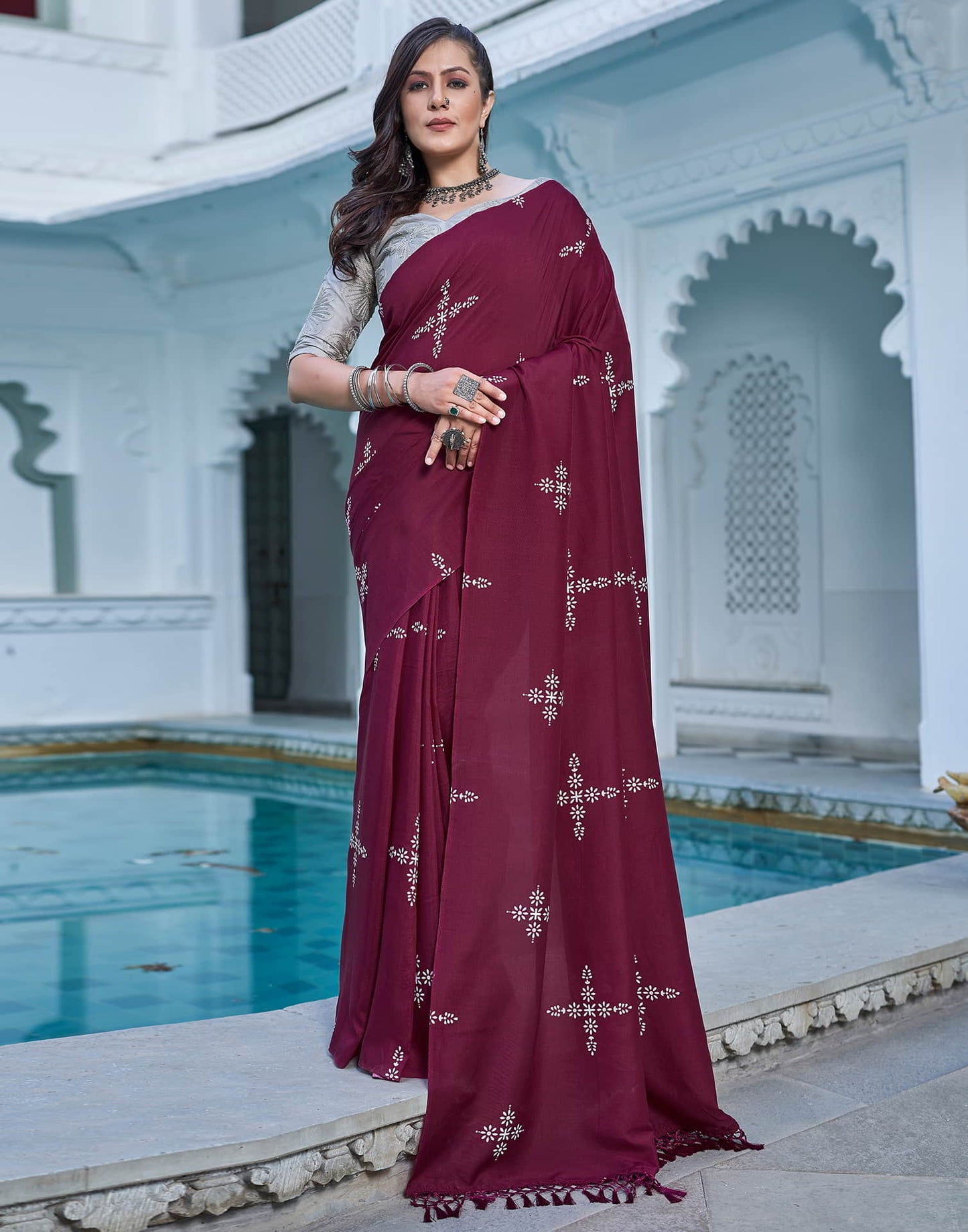 Wine Printed Cotton Saree