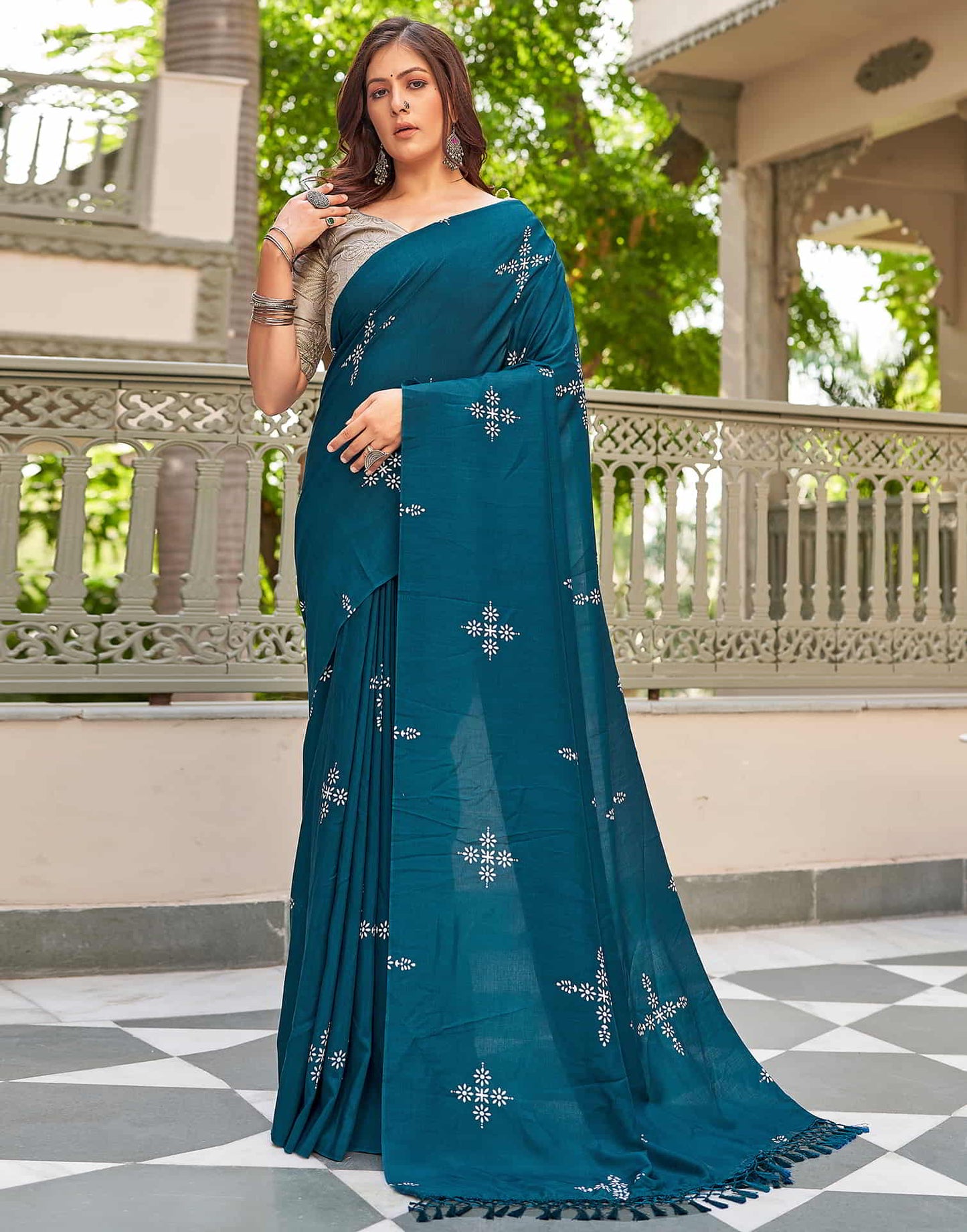 Blue Printed Cotton Saree