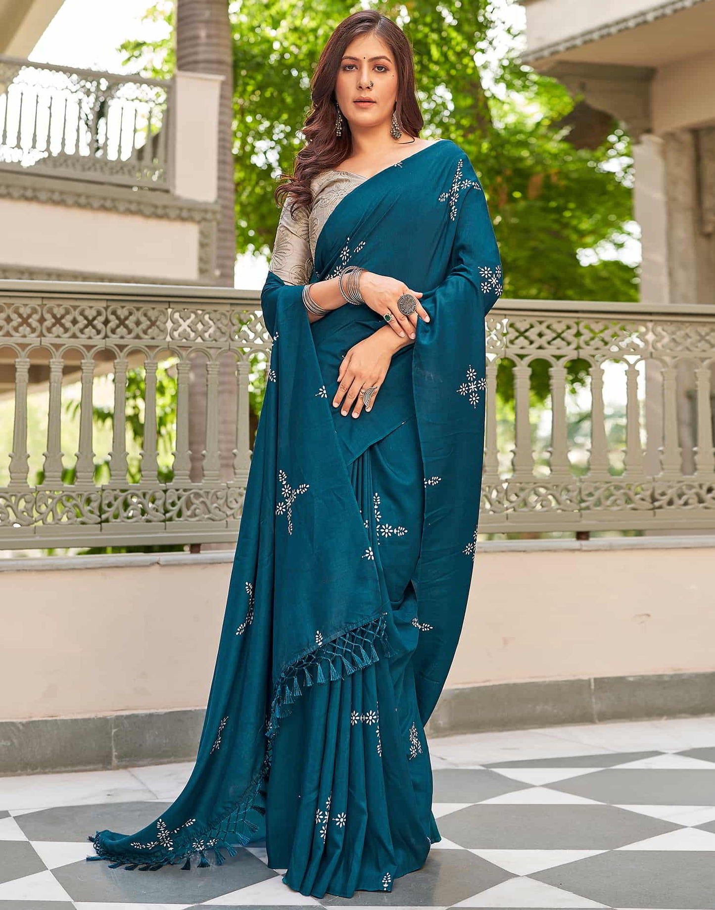 Blue Printed Cotton Saree
