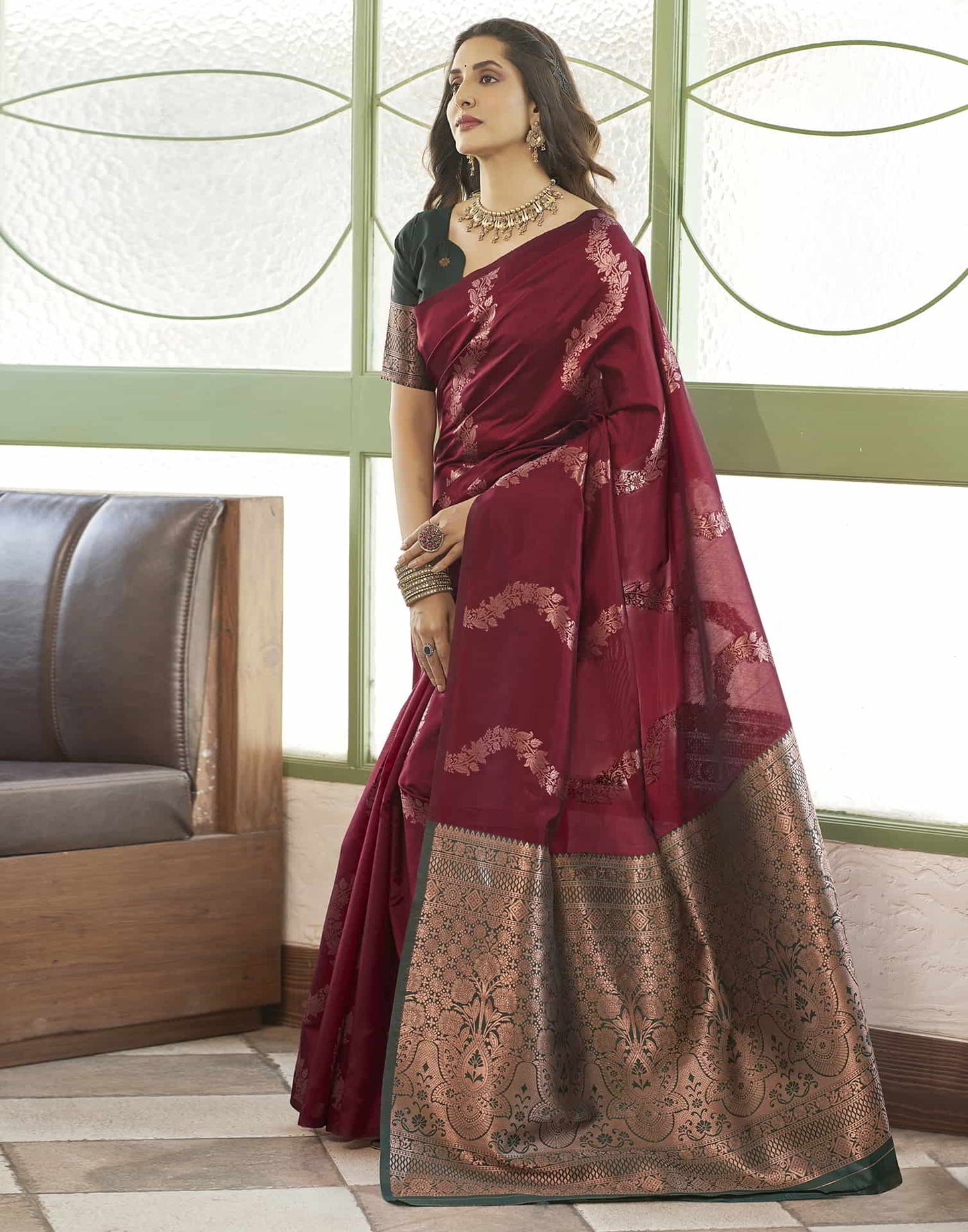 Maroon Banarasi Silk Woven Saree