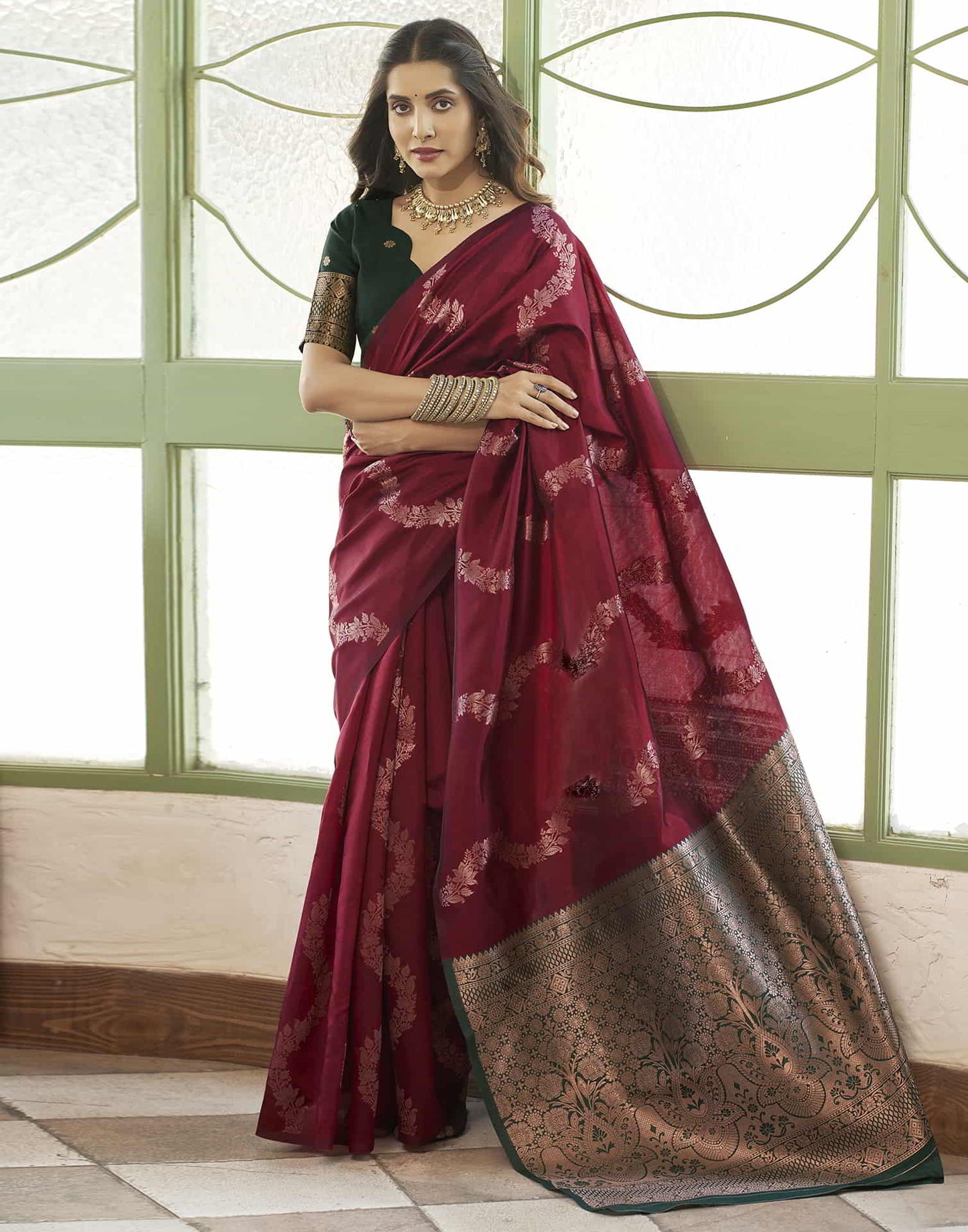 Maroon Banarasi Silk Woven Saree
