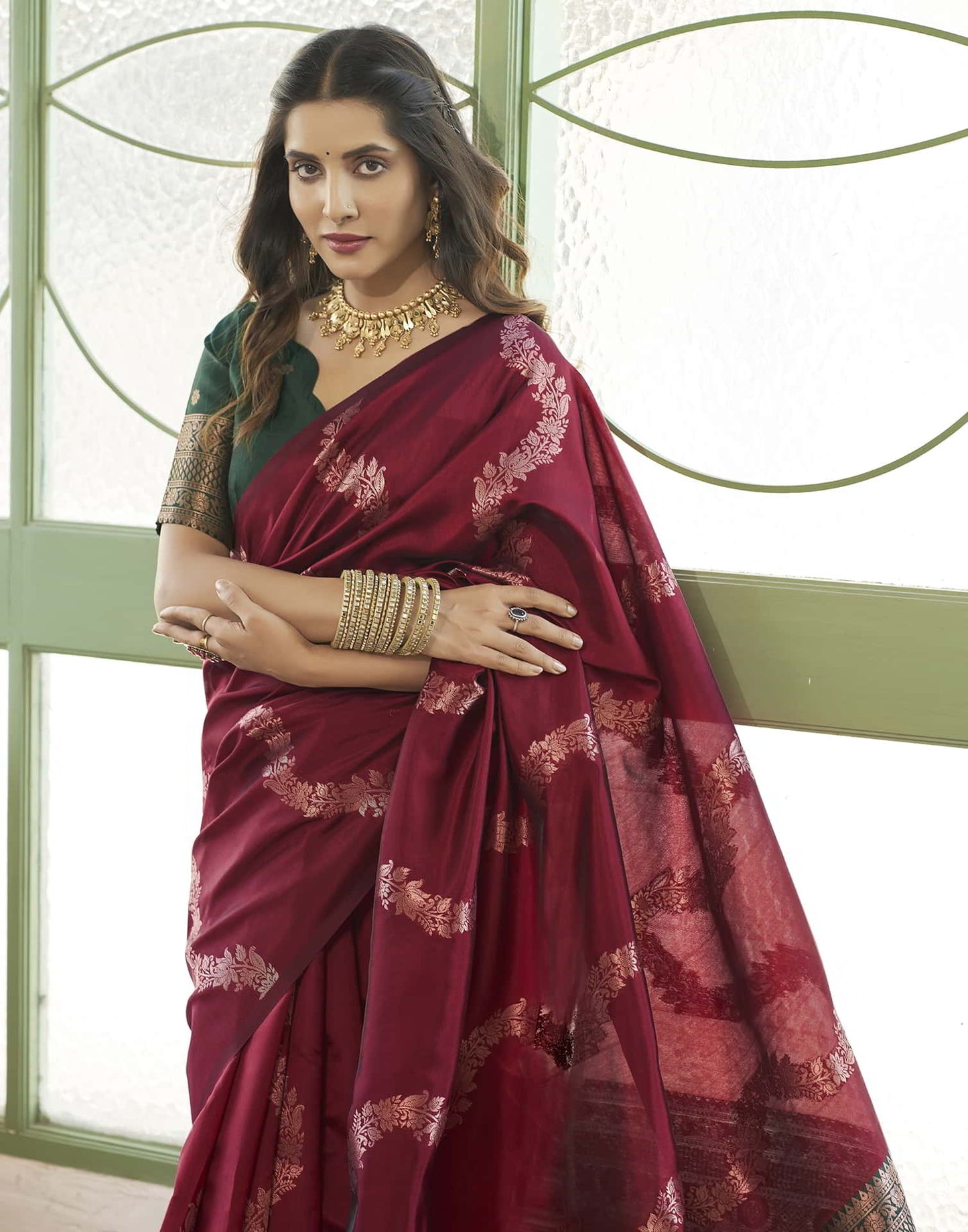 Maroon Banarasi Silk Woven Saree