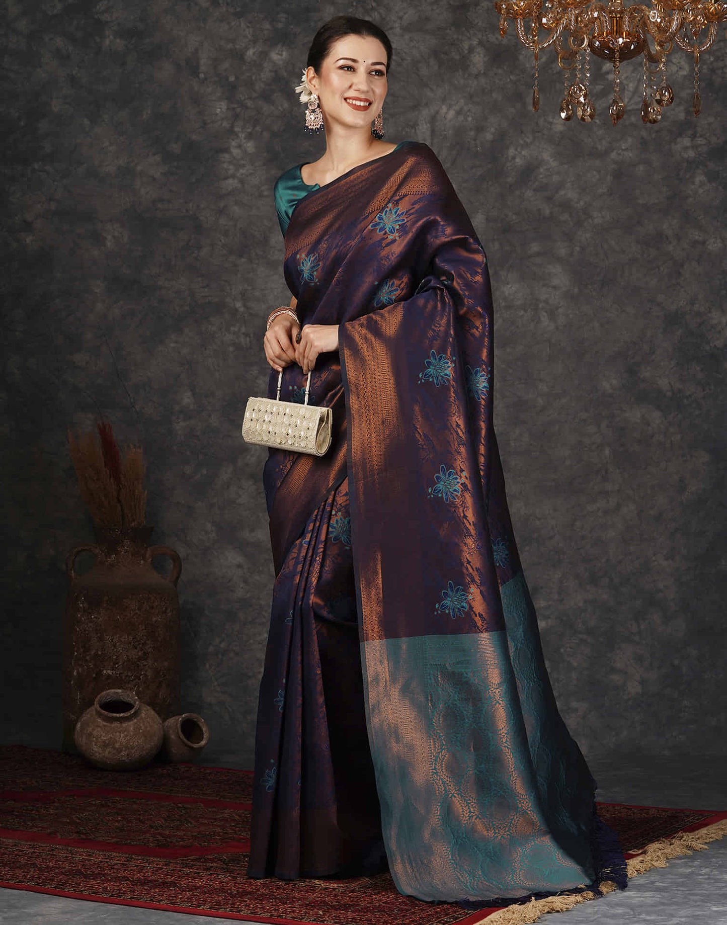Navy Blue Silk Woven Banarasi Saree