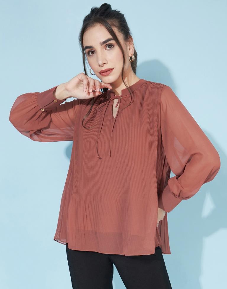 Rust Pleated Bishop Sleeves Top | Sudathi