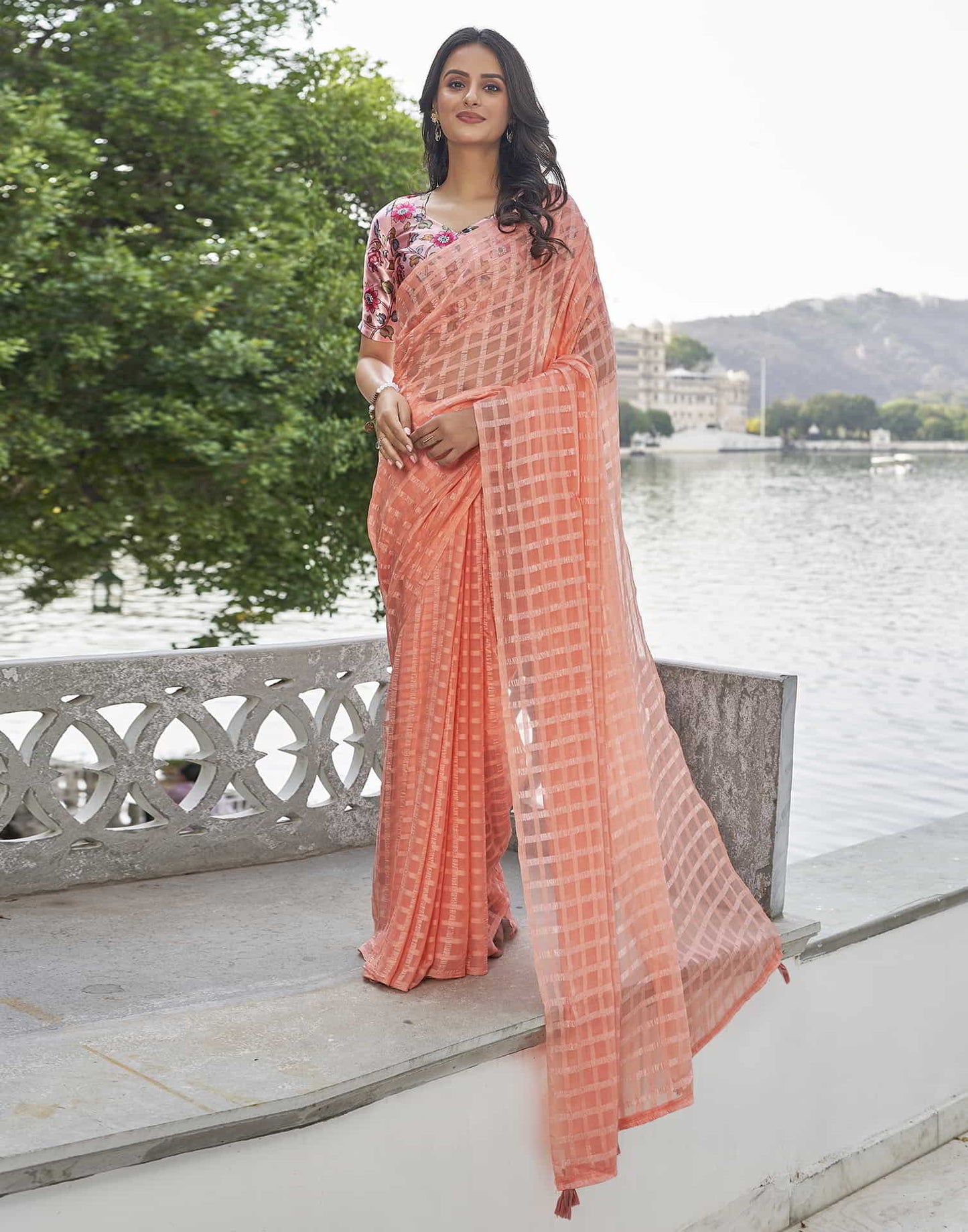 Peach Checkered Chiffon Woven Saree