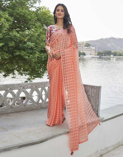 Peach Checkered Chiffon Woven Saree