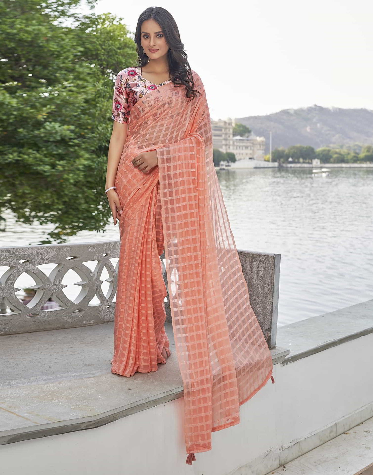 Peach Checkered Chiffon Woven Saree
