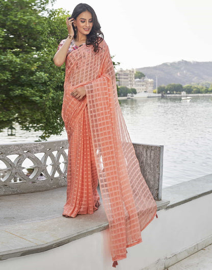Peach Checkered Chiffon Woven Saree