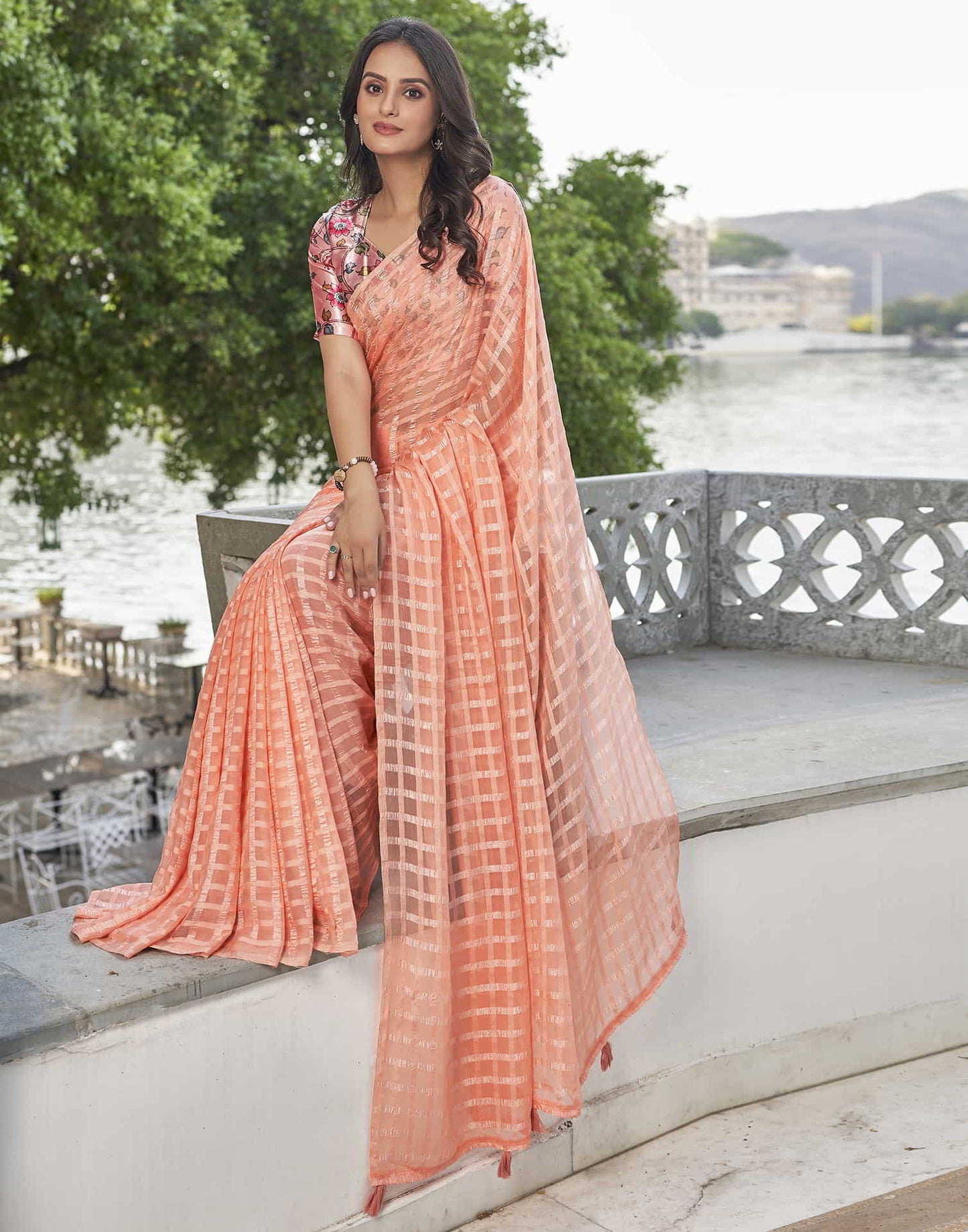 Peach Checkered Chiffon Woven Saree