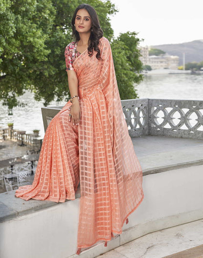 Peach Checkered Chiffon Woven Saree