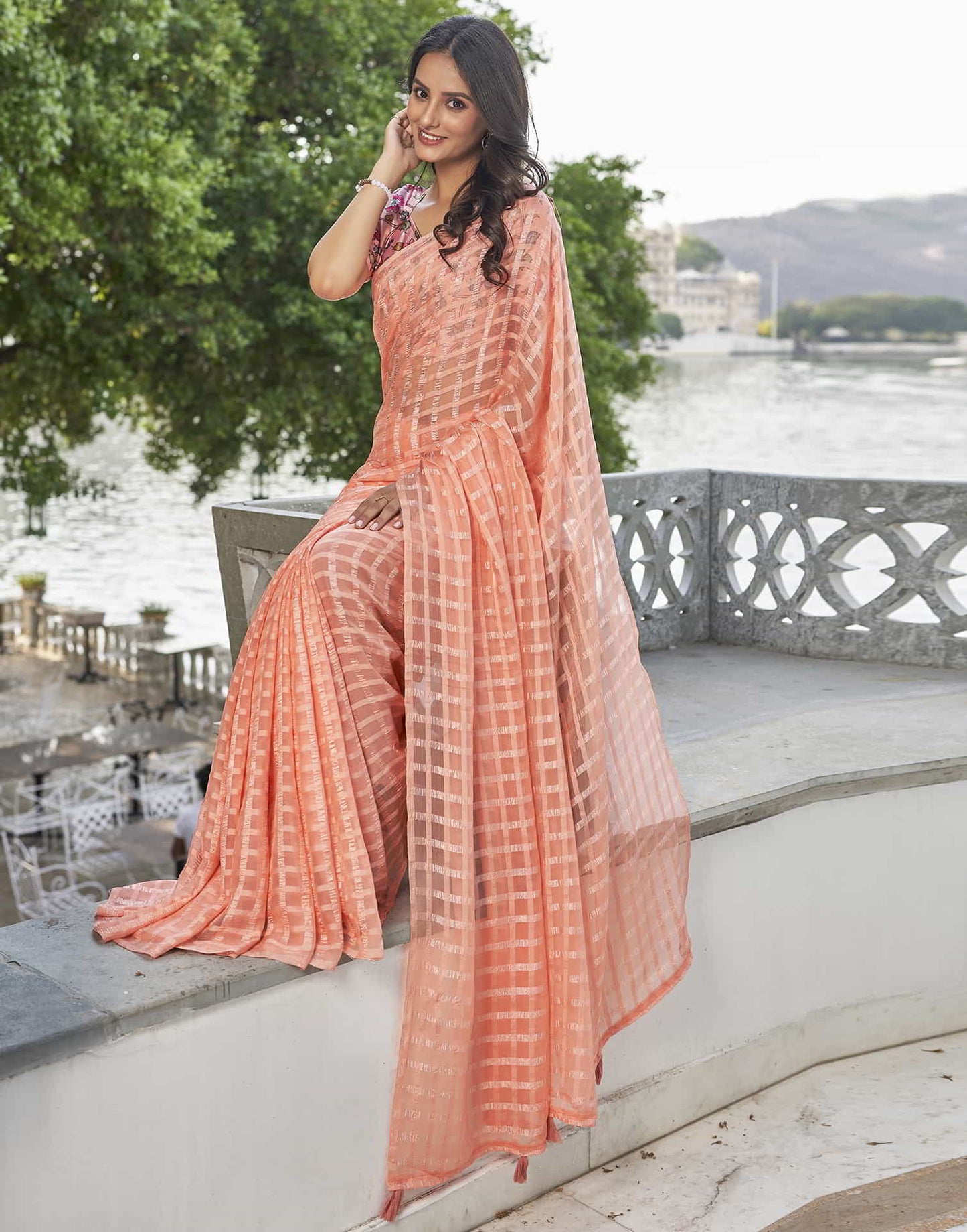 Peach Checkered Chiffon Woven Saree