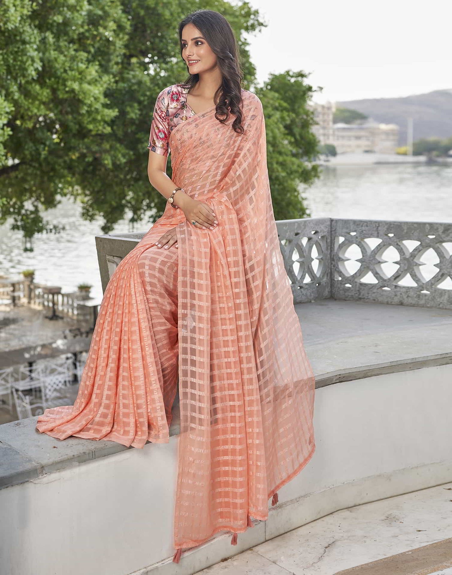 Peach Checkered Chiffon Woven Saree