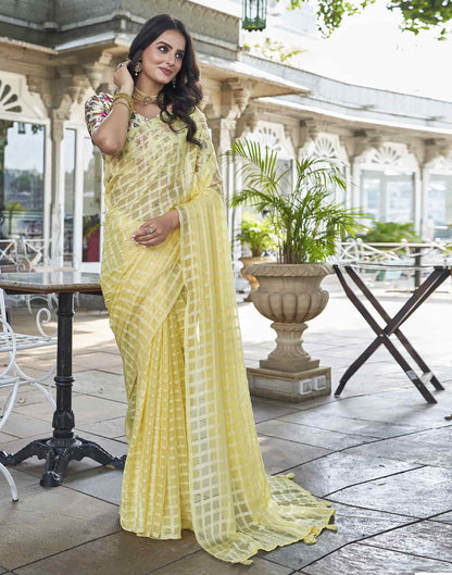 Yellow Checkered Chiffon Woven Saree