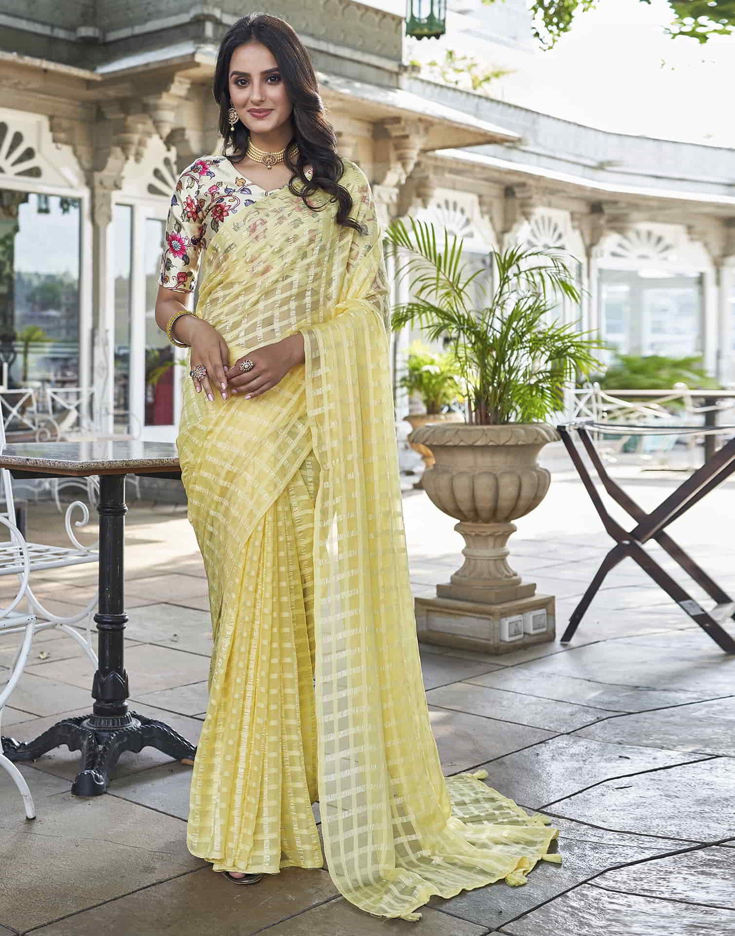 Yellow Checkered Chiffon Woven Saree