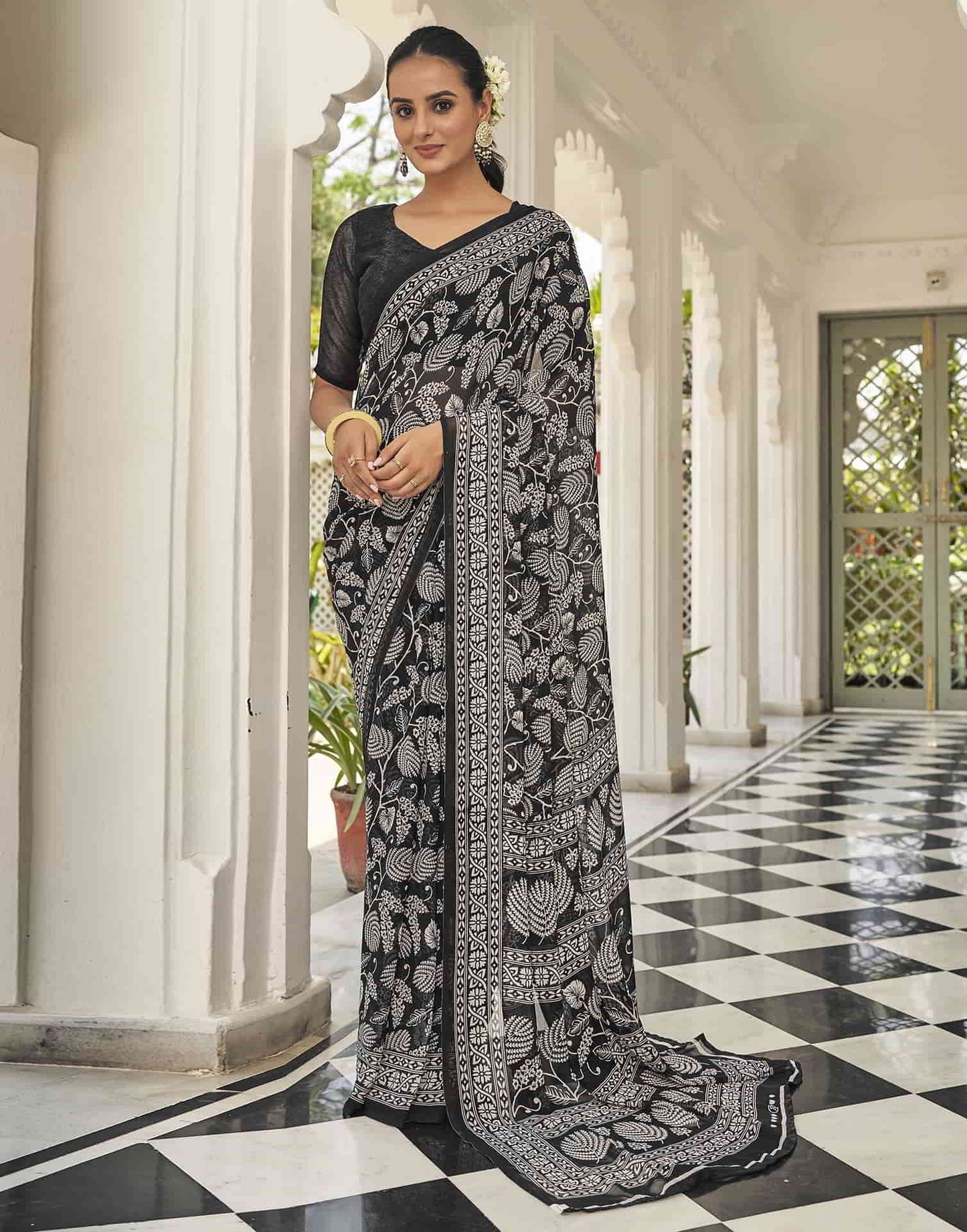 Black Printed Georgette Saree