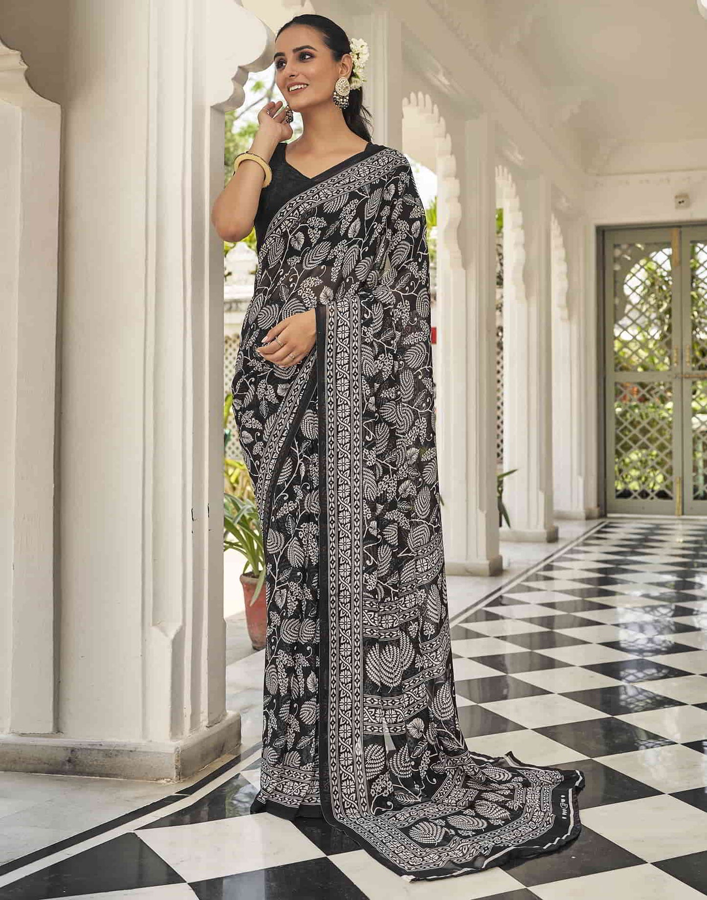 Black Printed Georgette Saree