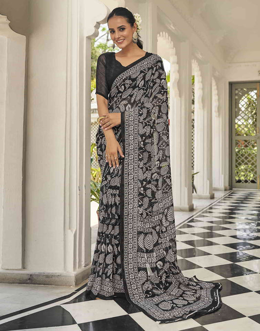 Black Printed Georgette Saree