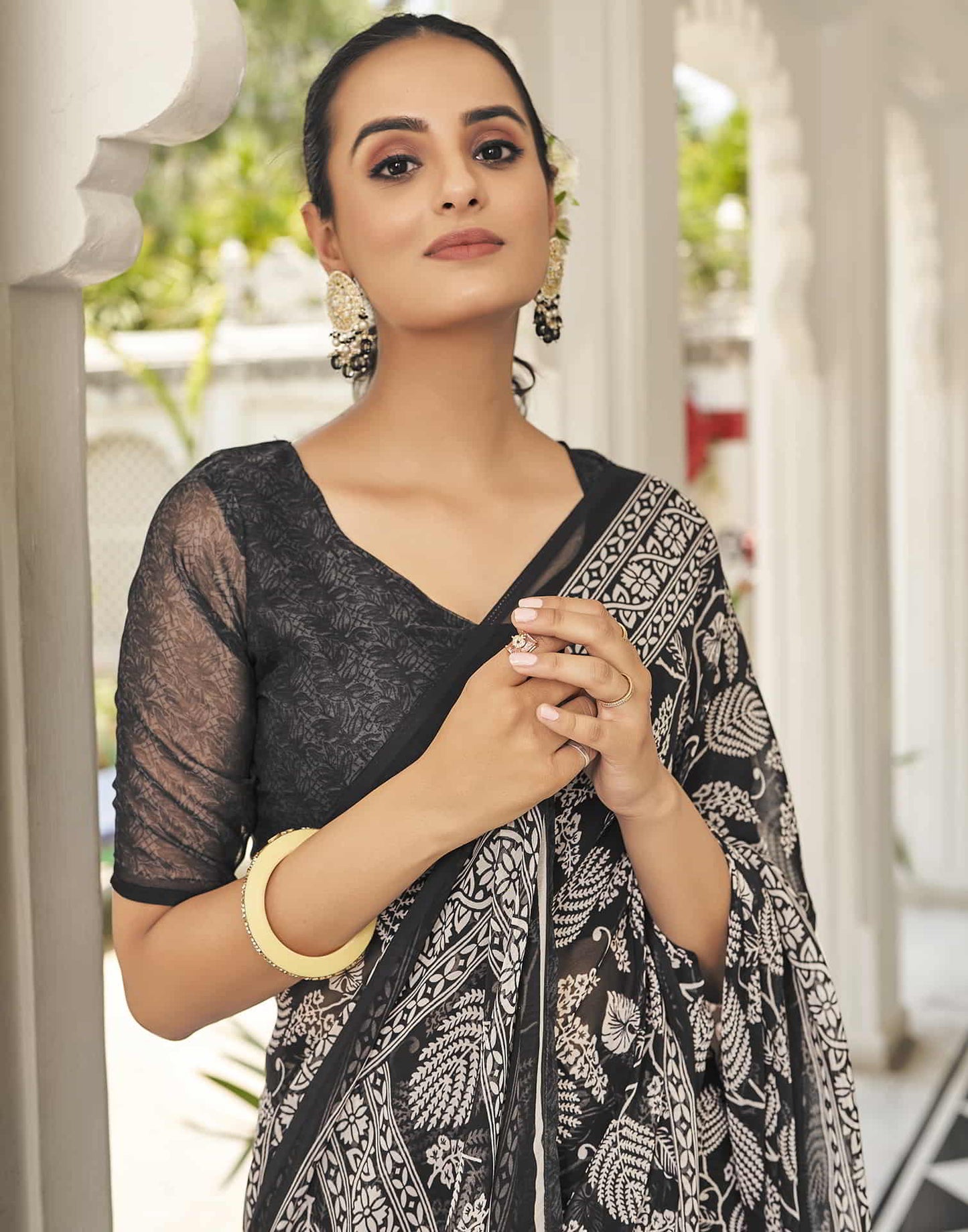 Black Printed Georgette Saree
