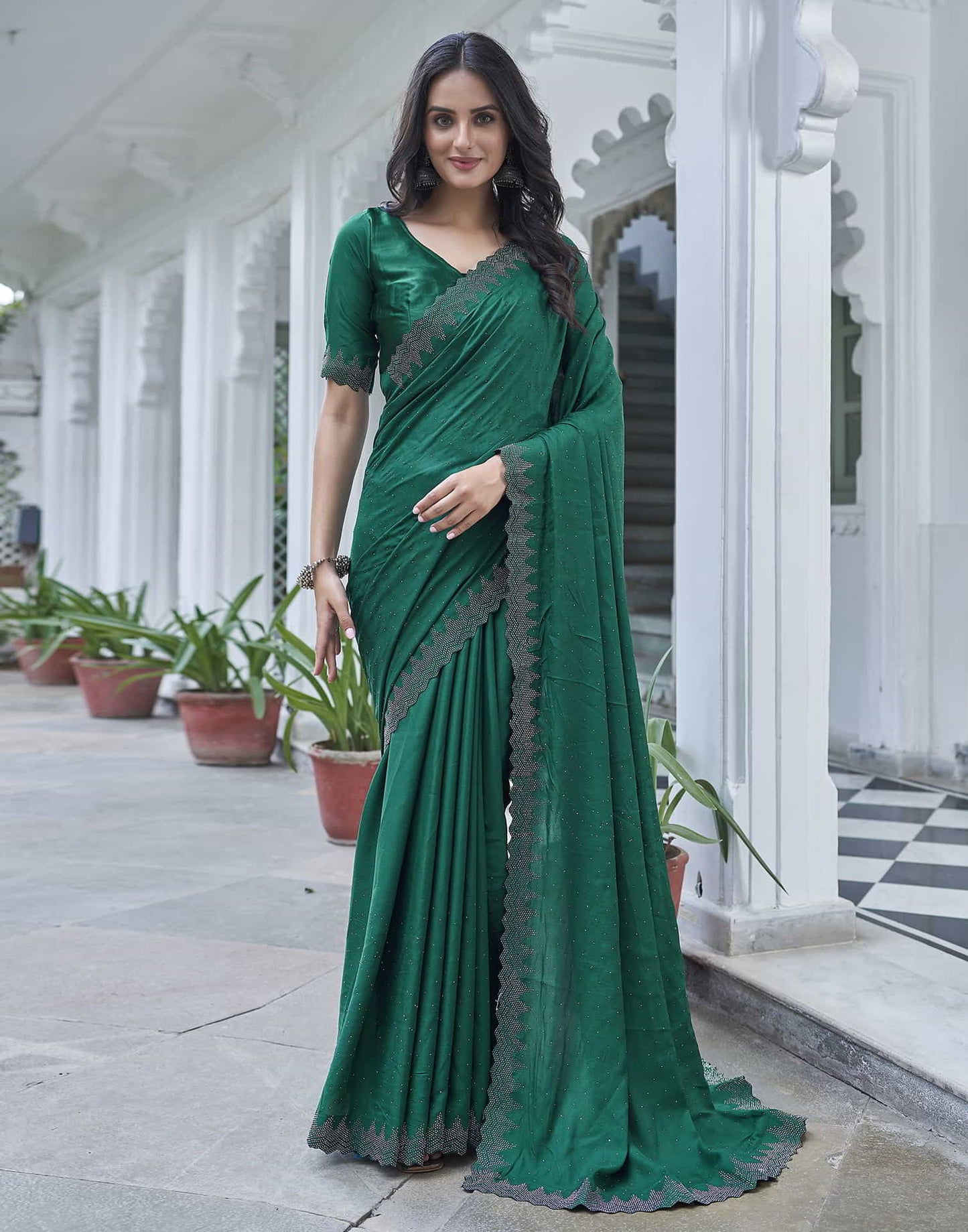 Green Swarovski Satin Plain Saree