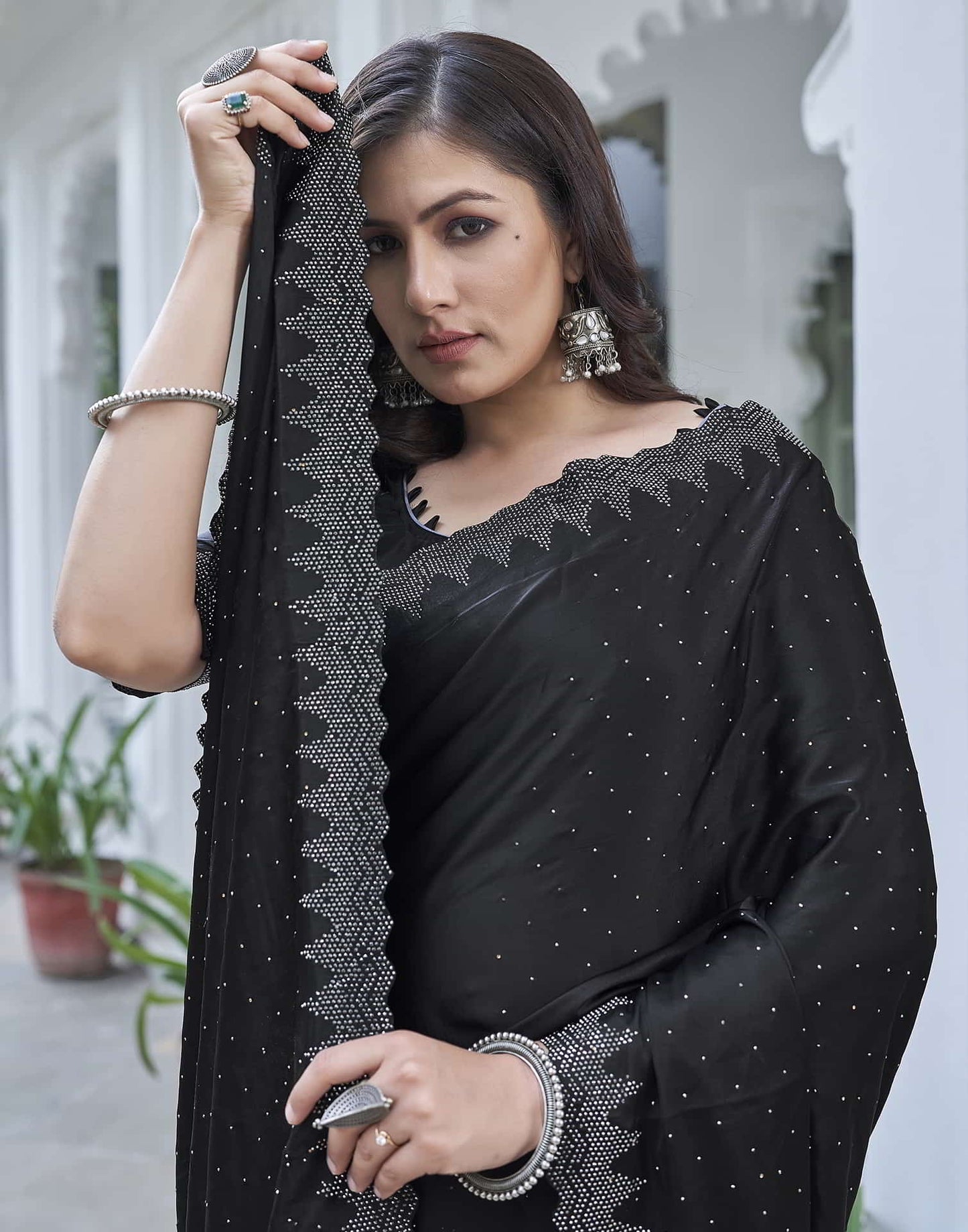 Black Swarovski Satin Plain Saree