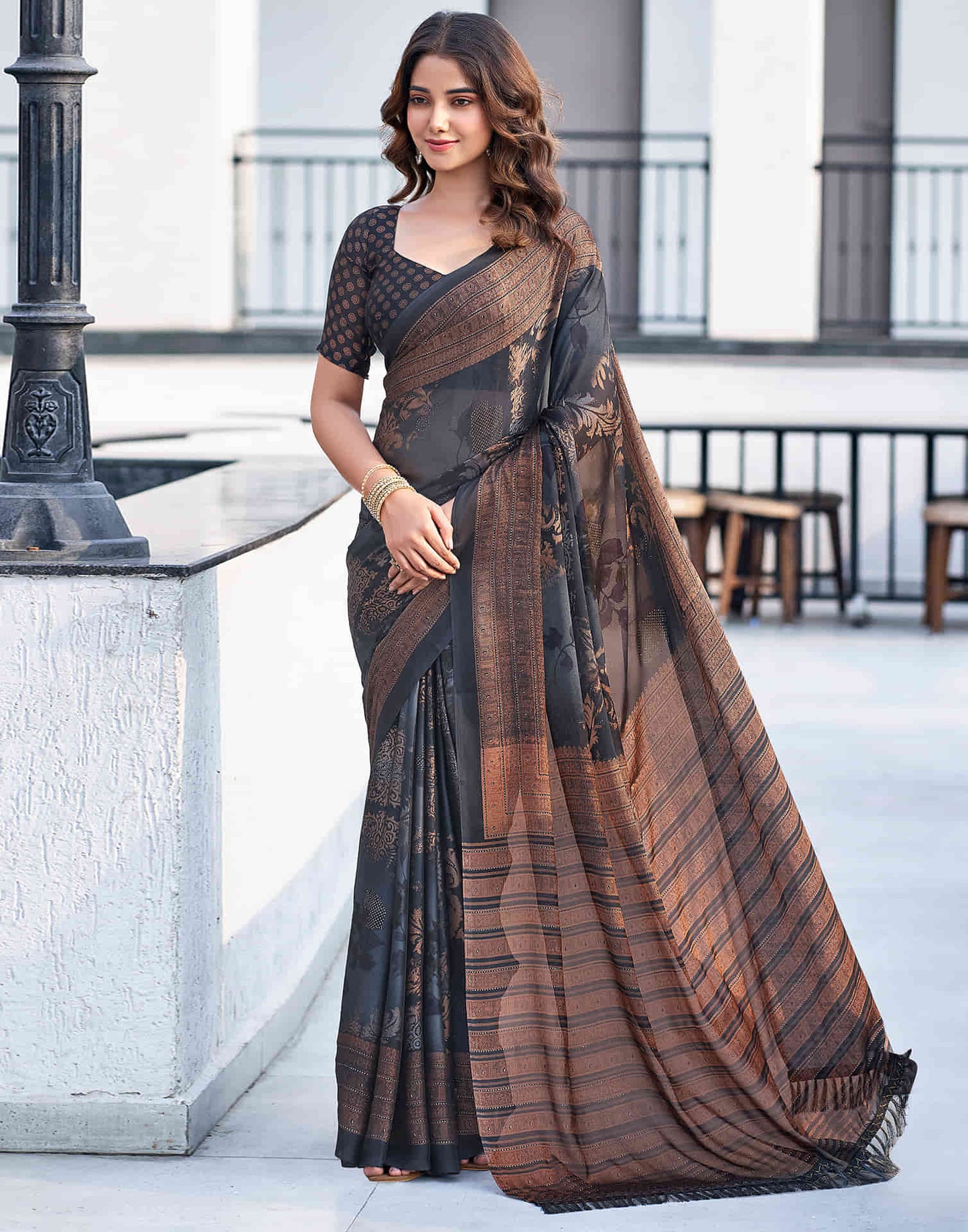 Steel Grey Georgette Printed Saree