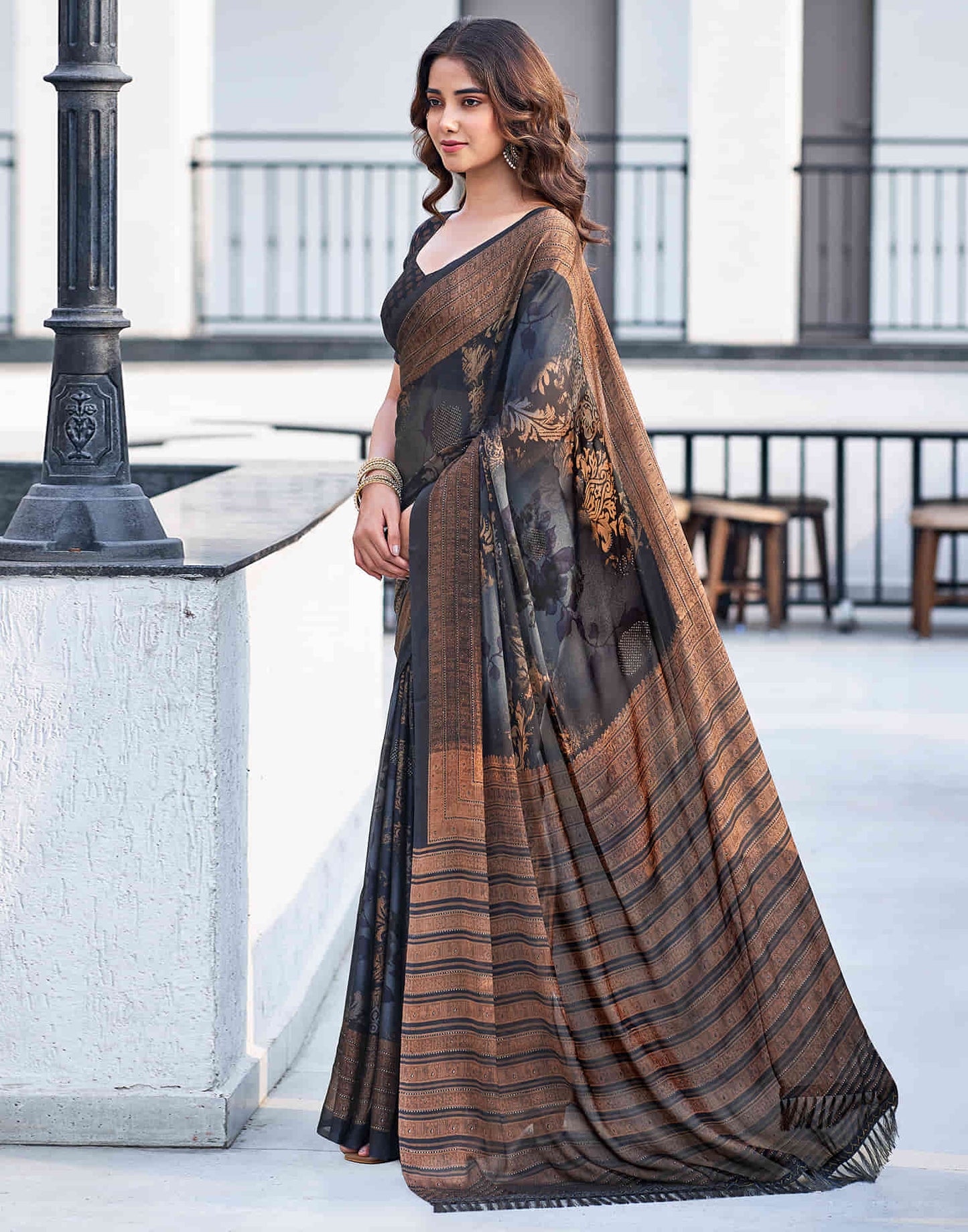 Steel Grey Georgette Printed Saree