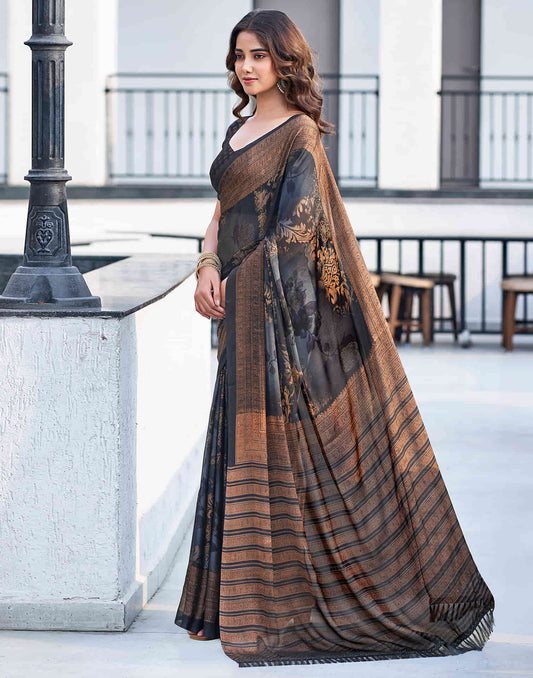 Steel Grey Georgette Printed Saree