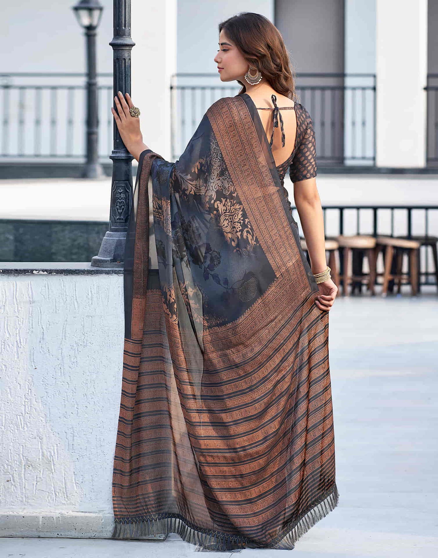 Steel Grey Georgette Printed Saree