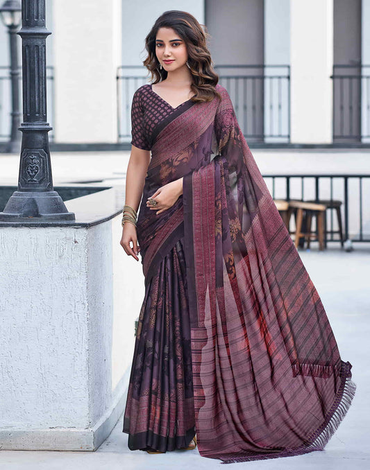 Wine Georgette Printed Saree