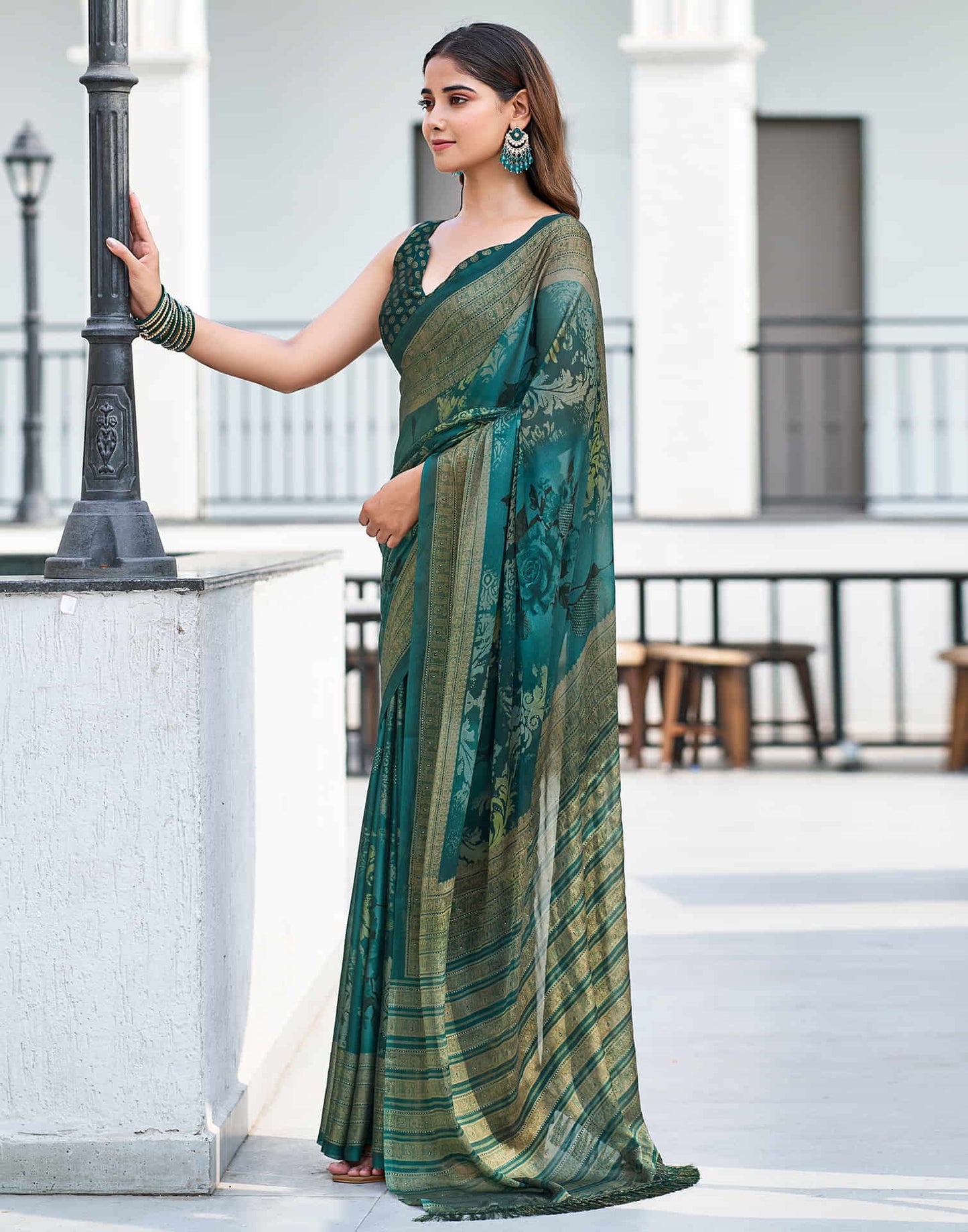 Rama Green Georgette Printed Saree