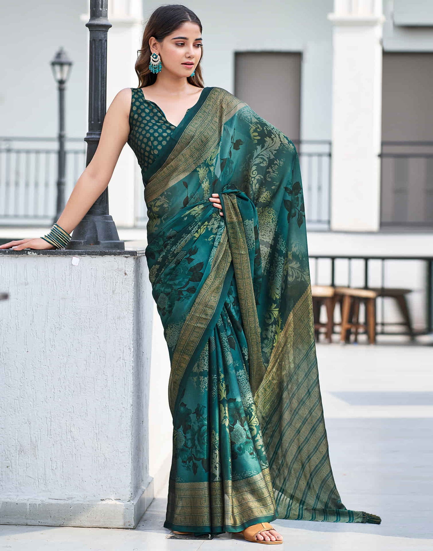 Rama Green Georgette Printed Saree