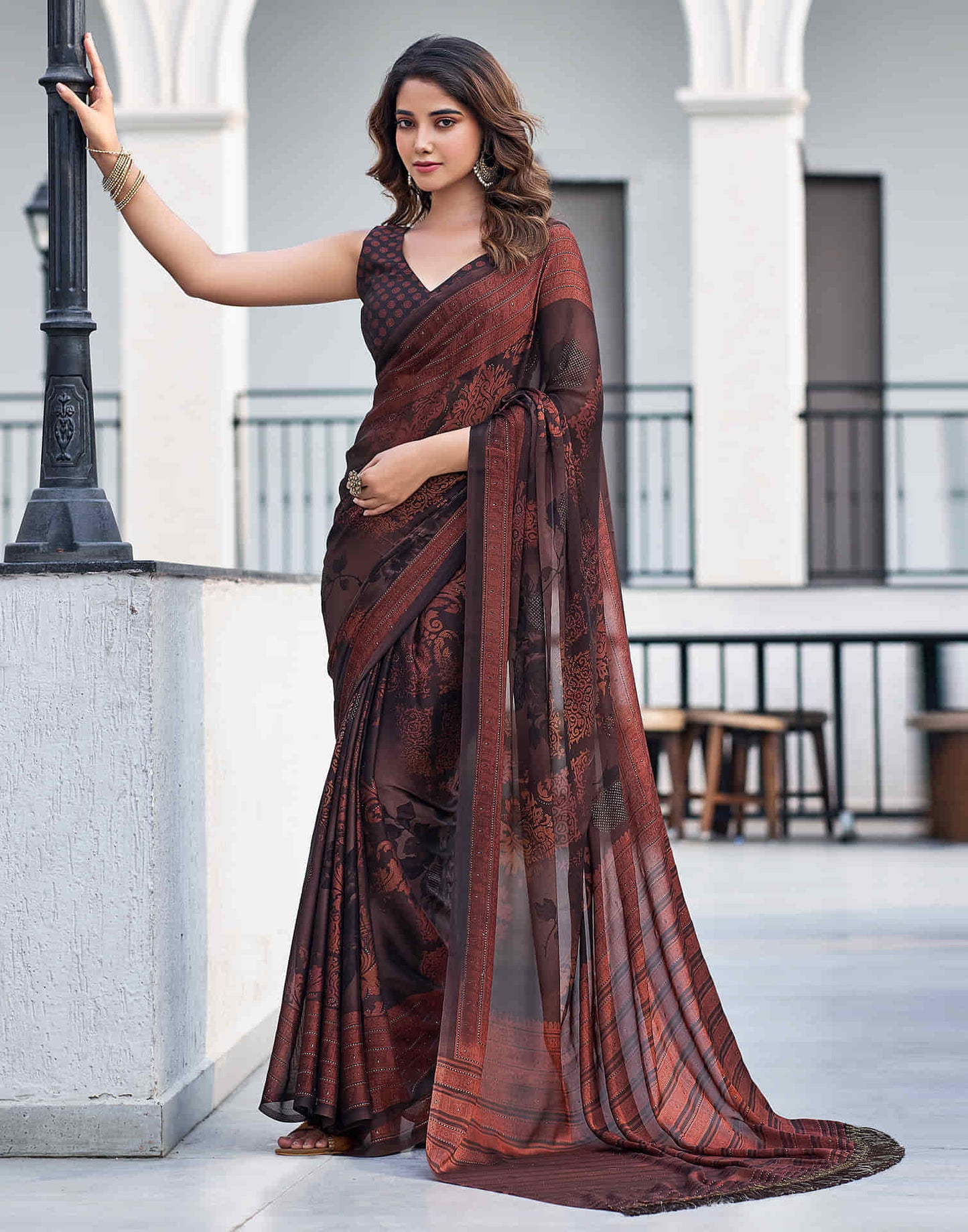 Brown Georgette Printed Saree