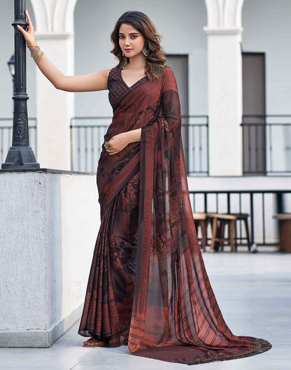 Brown Georgette Printed Saree