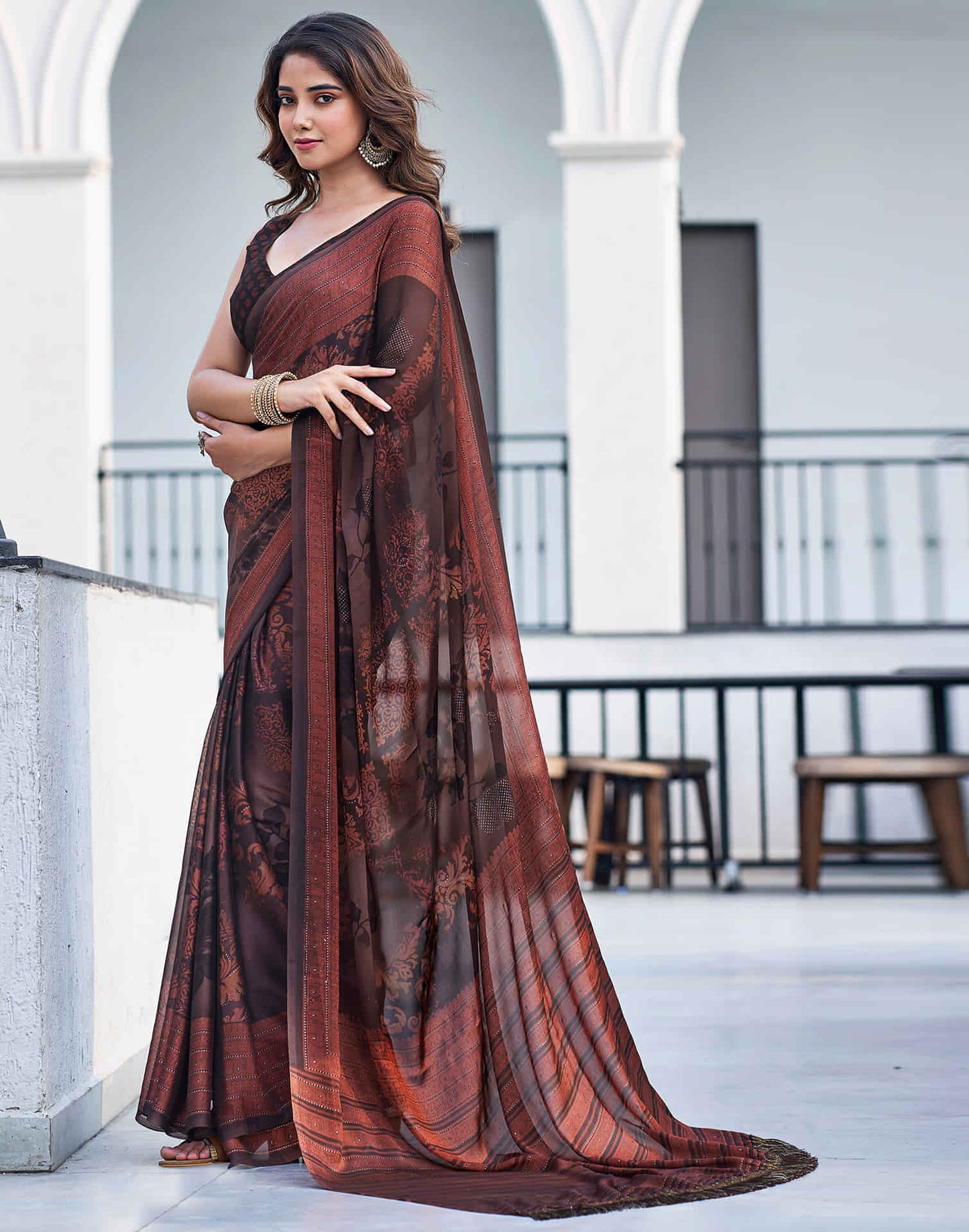 Brown Georgette Printed Saree