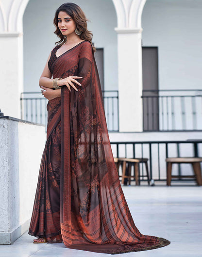 Brown Georgette Printed Saree
