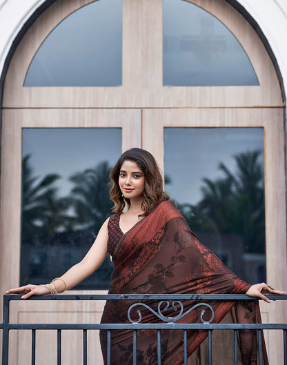 Brown Georgette Printed Saree