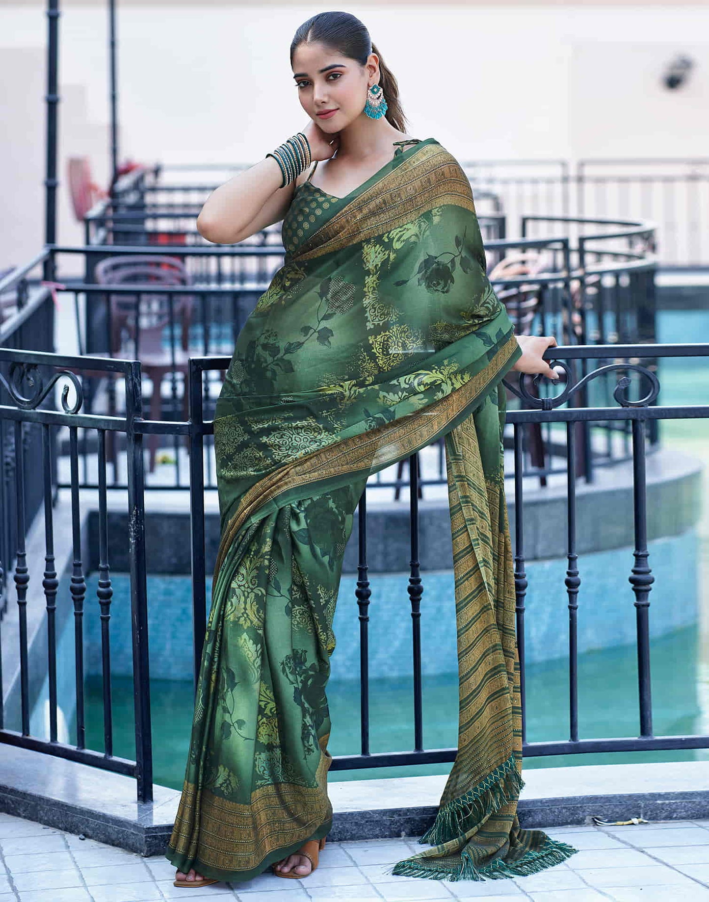 Dark Green Georgette Printed Saree