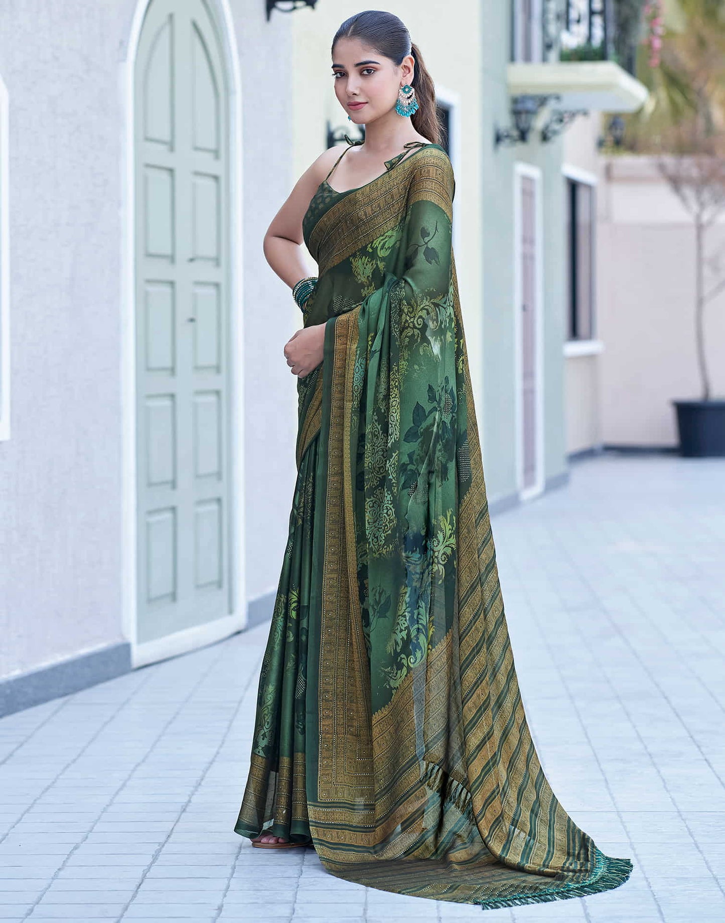 Dark Green Georgette Printed Saree