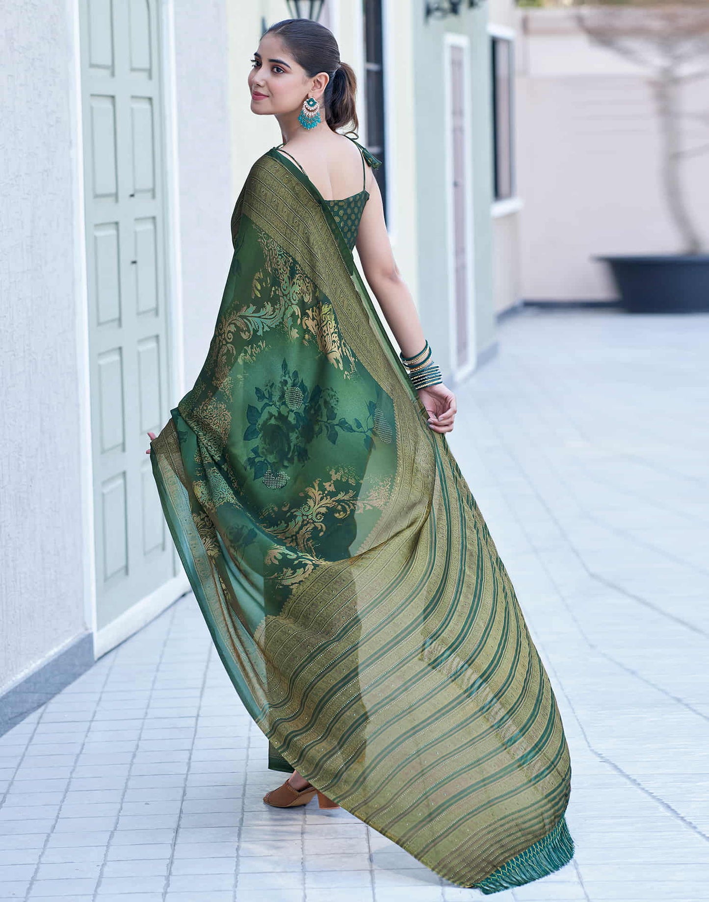 Dark Green Georgette Printed Saree