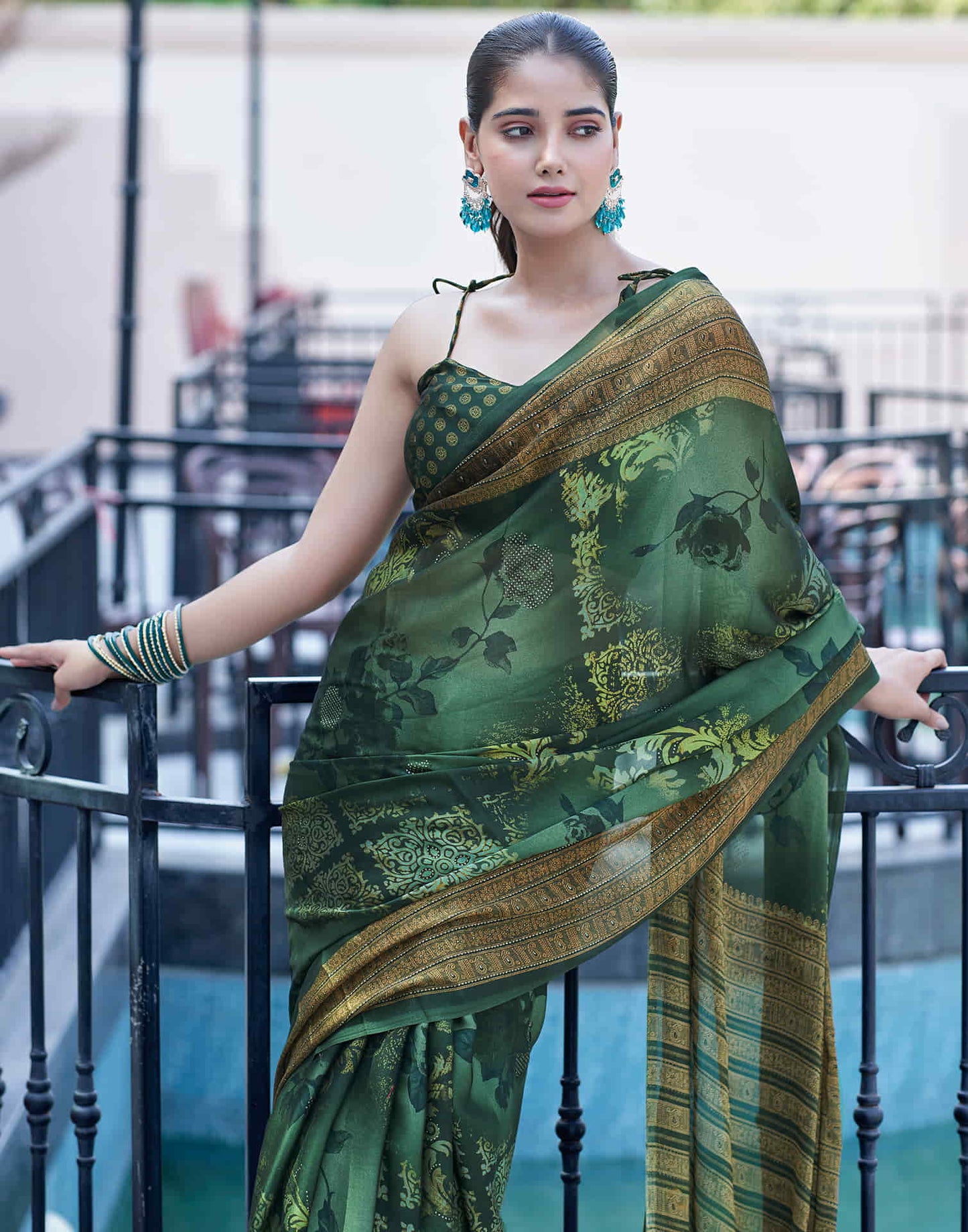 Dark Green Georgette Printed Saree
