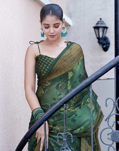 Dark Green Georgette Printed Saree