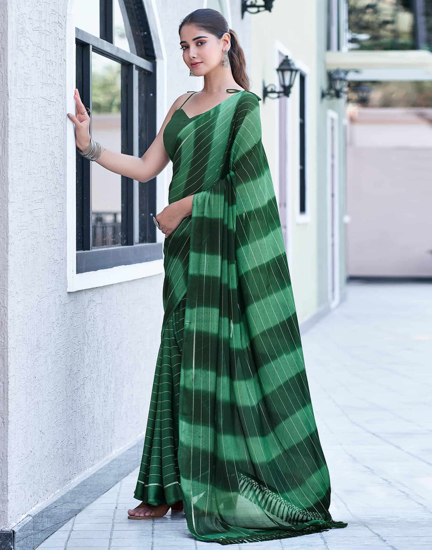 Dark Green Georgette Printed Leheriya Saree