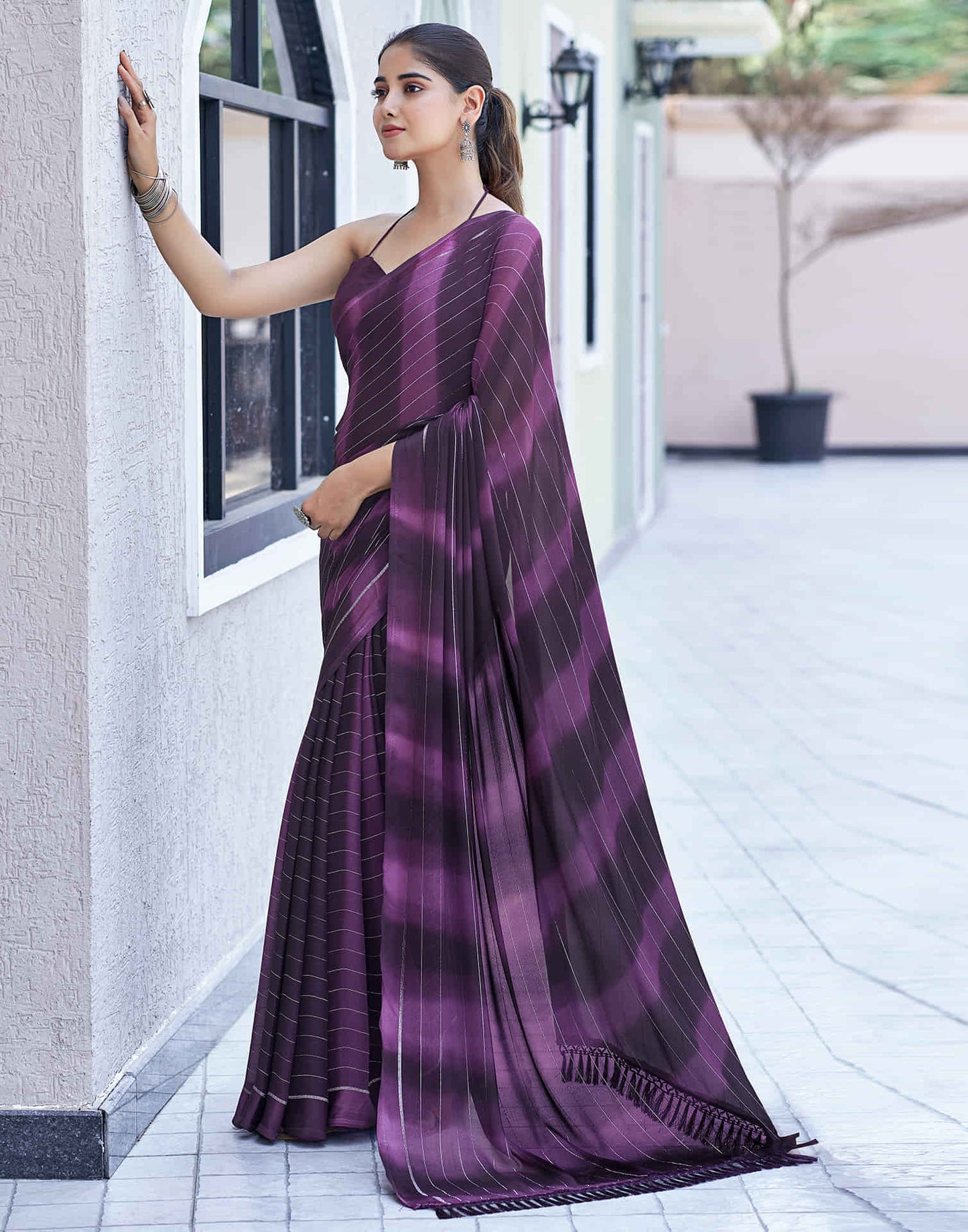 Wine Georgette Printed Leheriya Saree