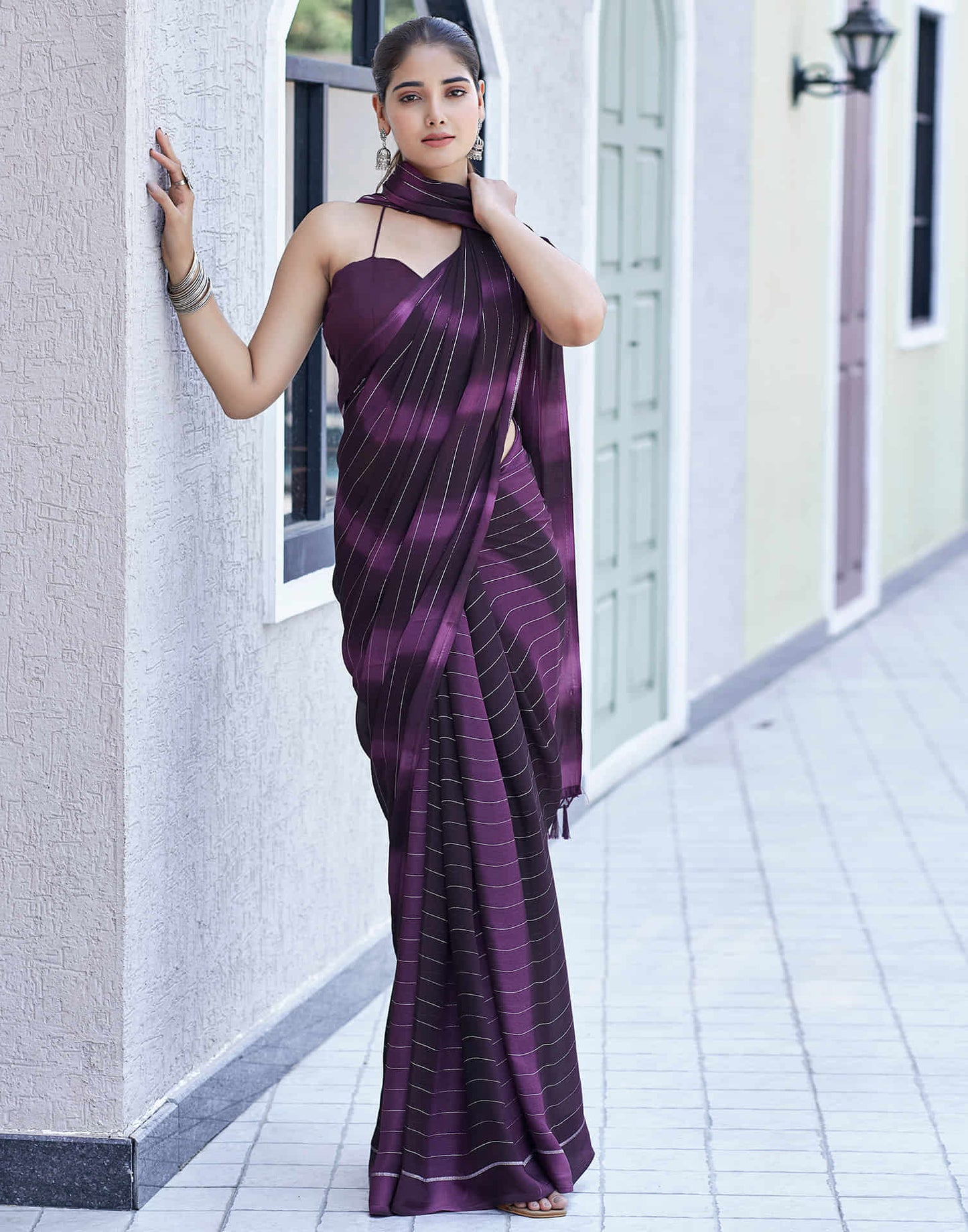 Wine Georgette Printed Leheriya Saree