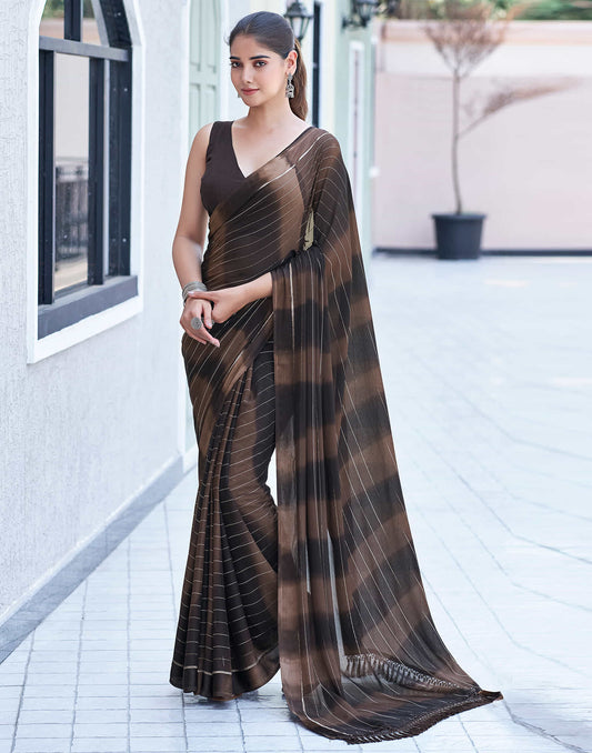 Brown Georgette Printed Leheriya Saree